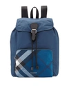 BURBERRY TECHNICAL NYLON PACKAWAY RUCKSACK WITH CHECK TRIM, TEAL BLUE