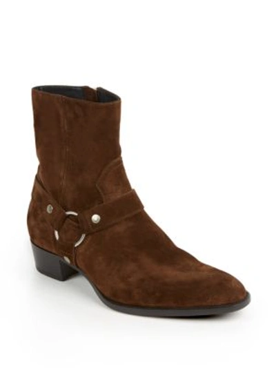 Shop Saint Laurent Wyatt 40 Suede Harness Boots In Brown