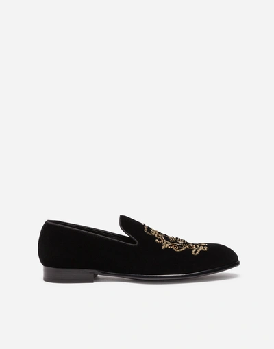 Shop Dolce & Gabbana Velvet Slippers With Embroidery In Black