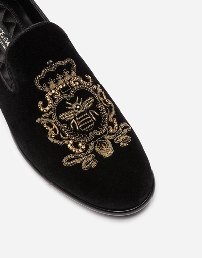 Shop Dolce & Gabbana Velvet Slippers With Embroidery In Black