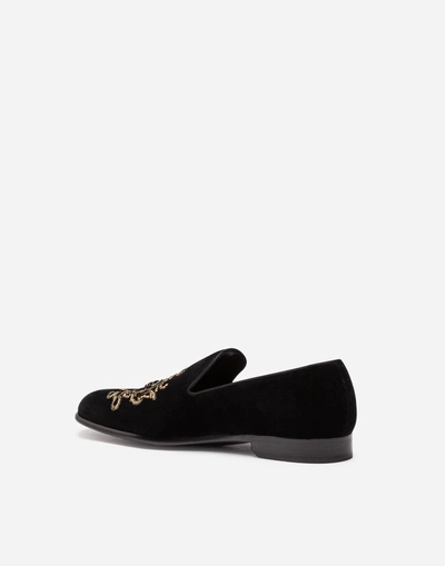 Shop Dolce & Gabbana Velvet Slippers With Embroidery In Black