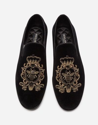 Shop Dolce & Gabbana Velvet Slippers With Embroidery In Black