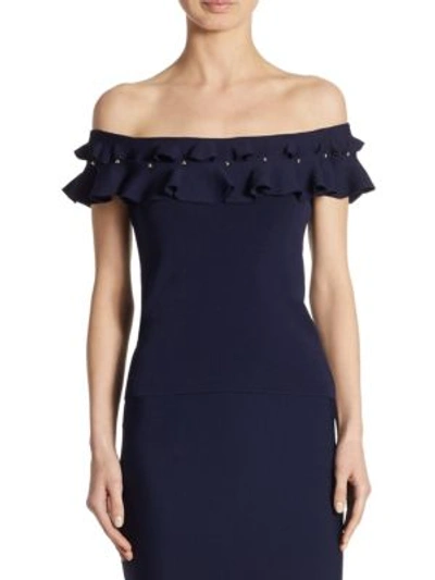 Jonathan Simkhai Off-the-shoulder Ruffled Knitted Top In Midnight