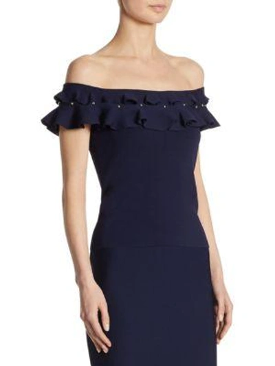 Shop Jonathan Simkhai Slashed Ruffle Off-the-shoulder Top In Midnight