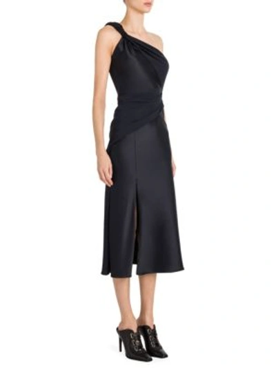 Shop Versace Envers Satin Twist-detail One-shoulder Dress In Navy