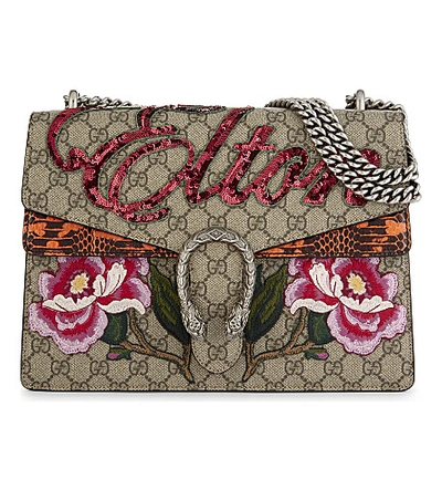 Gucci Dionysus Appliquéd Printed Coated-canvas And Watersnake Shoulder Bag In Beige Multi
