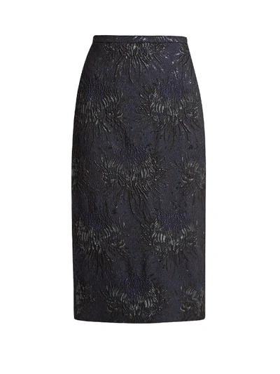 Rochas Floral-cloqué Pencil Skirt In Navy Multi