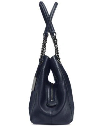 Shop Coach Turnlock Edie Shoulder Bag In Pebble Leather In Dark Antique Nickel/navy