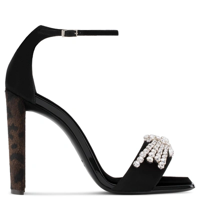 Shop Giuseppe Zanotti - Black Suede Sandal With Crystals And Leopard Calf Hair Heel Sabine