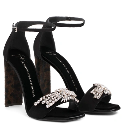 Shop Giuseppe Zanotti - Black Suede Sandal With Crystals And Leopard Calf Hair Heel Sabine