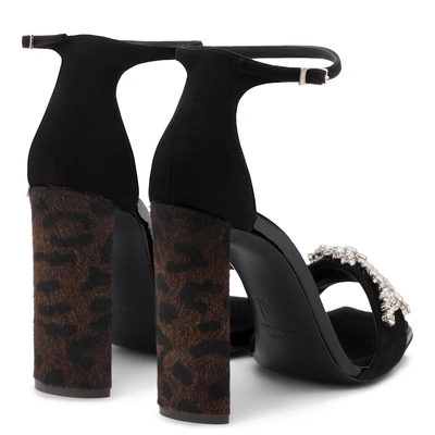 Shop Giuseppe Zanotti - Black Suede Sandal With Crystals And Leopard Calf Hair Heel Sabine