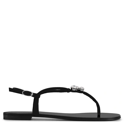 Shop Giuseppe Zanotti - Black Suede Flat Sandal With Crystal Accessory Hollie