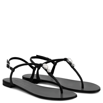 Shop Giuseppe Zanotti - Black Suede Flat Sandal With Crystal Accessory Hollie