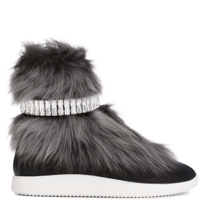 Shop Giuseppe Zanotti - Grey Fur High-top Sneaker With Crystal Strass Marly In Black