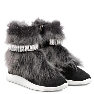 Shop Giuseppe Zanotti - Grey Fur High-top Sneaker With Crystal Strass Marly In Black
