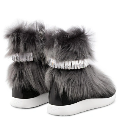 Shop Giuseppe Zanotti - Grey Fur High-top Sneaker With Crystal Strass Marly In Black