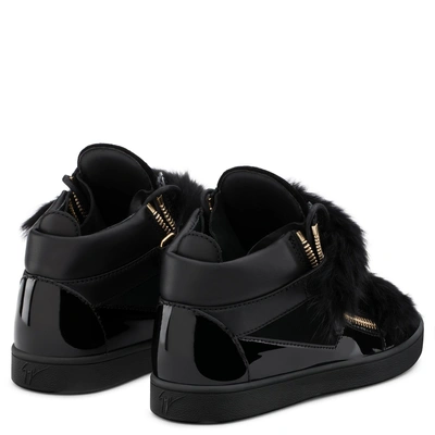 Shop Giuseppe Zanotti - Black Velvet Mid-top Sneaker With Lapin Fur Kriss Winter