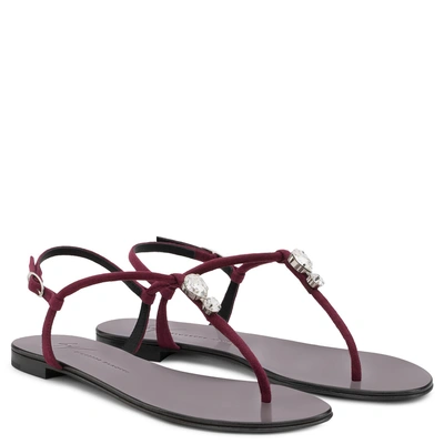 Shop Giuseppe Zanotti - Red Suede Flat Sandal With Crystal Accessory Hollie