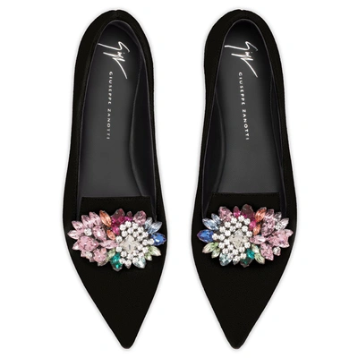 Shop Giuseppe Zanotti - Black Suede Ballet Flat With Crystal Brooch Aline