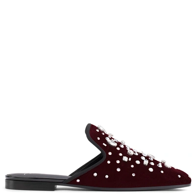 Shop Giuseppe Zanotti - Flat Burgundy Velvet Shoes With Crystals The Dazzling Elsa In Red