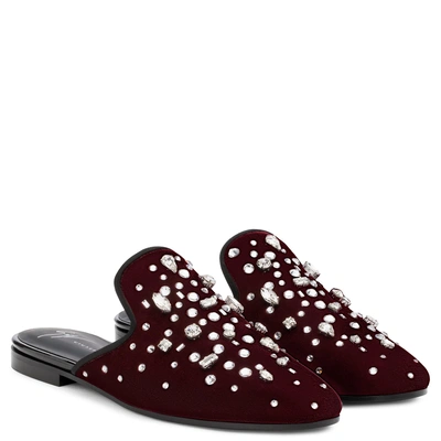 Shop Giuseppe Zanotti - Flat Burgundy Velvet Shoes With Crystals The Dazzling Elsa In Red