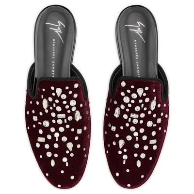 Shop Giuseppe Zanotti - Flat Burgundy Velvet Shoes With Crystals The Dazzling Elsa In Red