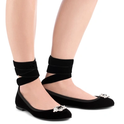 Shop Giuseppe Zanotti - Black Velvet Ballet Flat With Crystal Accessory Giorgia