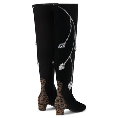 Shop Giuseppe Zanotti - 30 Mm Black Suede Cuissard Boot With Floral Motif Crystal Pretty