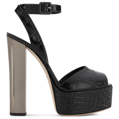 Shop Giuseppe Zanotti - Black Crocodile-embossed Leather Clog With Mirrored Silver Chunky Betty