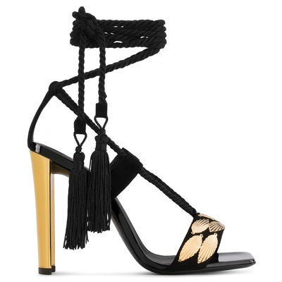 Shop Giuseppe Zanotti - Black Suede Wraps Sandal With Leaf Accessories Danielle
