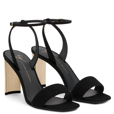 Shop Giuseppe Zanotti - Black Suede Sandal With Chunky Mirrored Gold Heel Charline