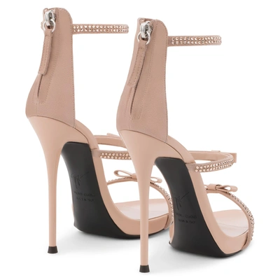 Shop Giuseppe Zanotti - Pink Suede Three Straps Sandal With Crystals And Bows Harmony Ribbon