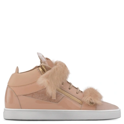 Shop Giuseppe Zanotti - Pink Velvet Mid-top Sneaker With Lapin Fur Kriss Winter