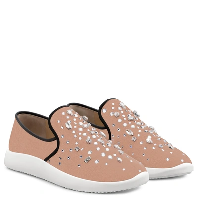 Shop Giuseppe Zanotti - Pink Velvet Slip On Sneaker With Crystals The Dazzling Kim