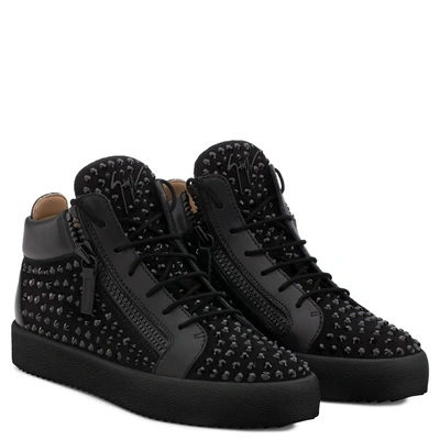 Shop Giuseppe Zanotti Suede Mid-top Sneaker With Black Crystals Doris