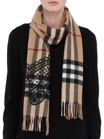 Burberry Lace-embroidered Giant Check Cashmere Scarf In Camel