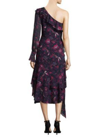 Shop Tanya Taylor Isua Floral Ruffled Silk Midi Dress In Navy Raspberry