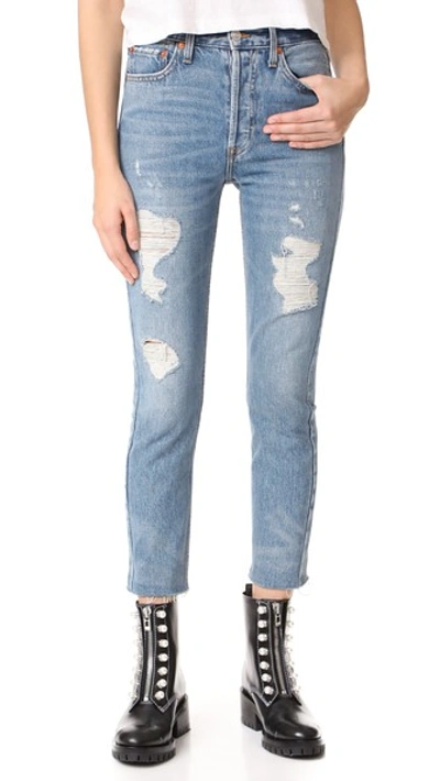 Re/done High Rise Ankle Crop Jeans In Medium Destroy
