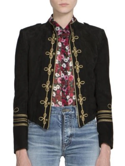 Saint Laurent Suede Officer Jacket In Black. In Black Gold