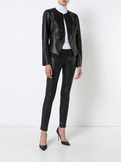 collarless leather jacket