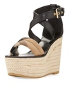 BURBERRY ARKINSON CHECK/LEATHER WEDGE SANDAL, BLACK