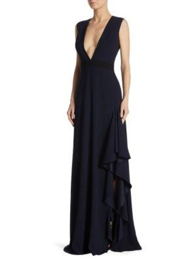 Shop ml Monique Lhuillier Ruffled V-neck Crepe Gown In Midnight