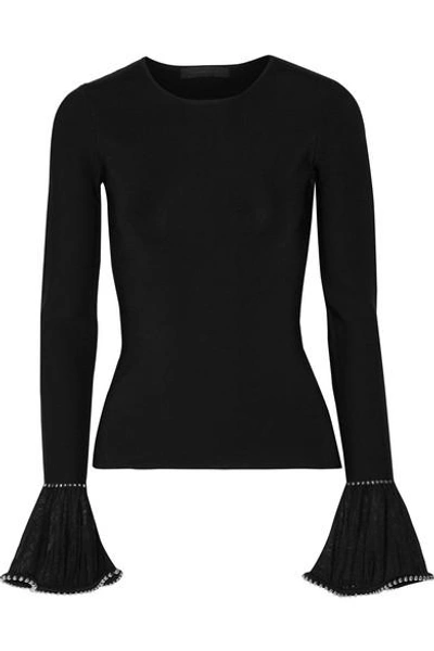 Shop Alexander Wang Embellished Lace-trimmed Stretch-knit Sweater In Black