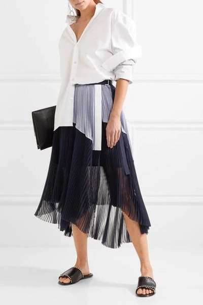 Shop Sacai Asymmetric Pleated Striped Cotton And Chiffon Wrap Skirt