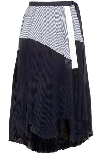 Shop Sacai Asymmetric Pleated Striped Cotton And Chiffon Wrap Skirt