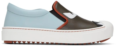 Shop Fendi Grey & Blue 'bag Bugs' Slip-on Sneakers