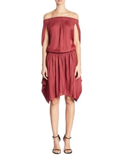 Shop Halston Heritage Off-the-shoulder Satin Dress In Dark Wildberry