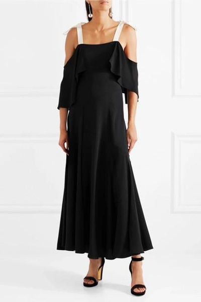 Shop Halston Heritage Cold-shoulder Draped Crepe Maxi Dress In Black