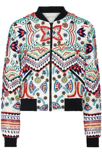 Shop Alice And Olivia Lonnie Embellished Silk-chiffon Bomber Jacket In Cream