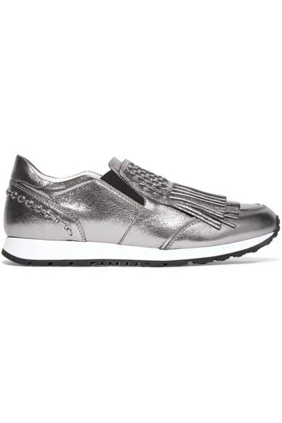 Shop Tod's Embellished Fringed Metallic Leather Slip-on Sneakers